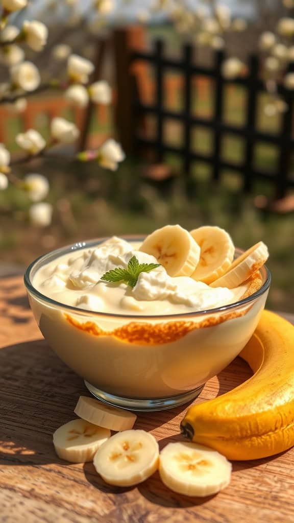 Banana pudding with vanilla wafer crust in a glass bowl, garnished with banana slices and mint.