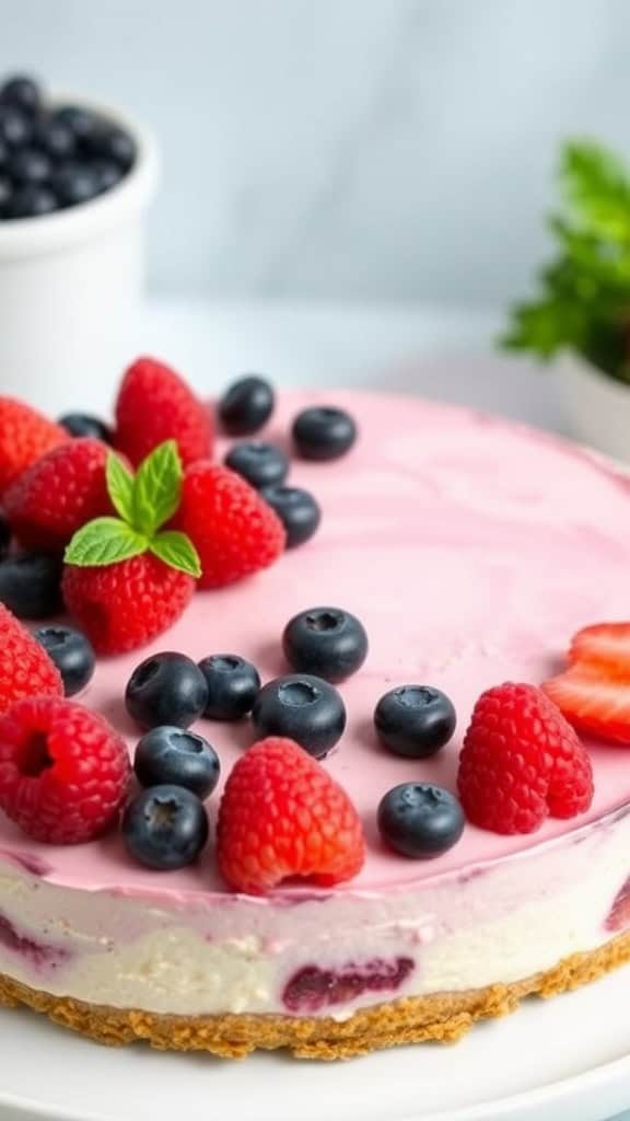 Berry Delight No Bake Cheesecake with fresh berries on top