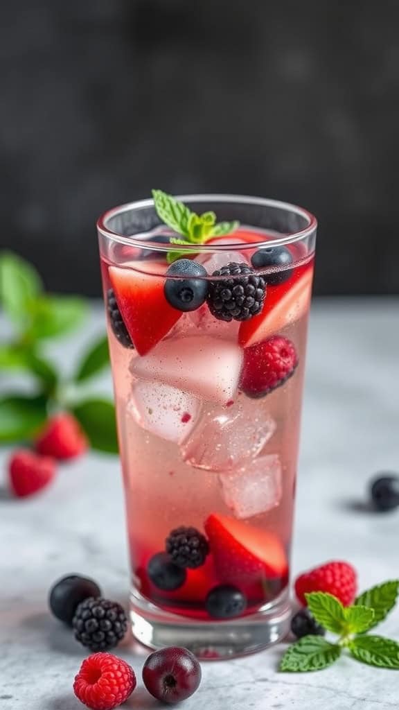 A refreshing Berry Sparkler mocktail with strawberries, blueberries, and raspberries served in a glass with ice and mint