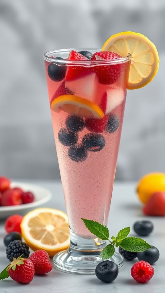 A glass of Berry Sparkling Lemonade with fresh berries and lemon slices.