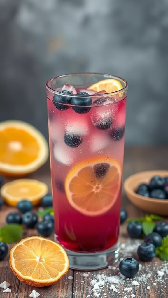 A glass of Blueberry Ginger Fizz with blueberries and lemon slices.
