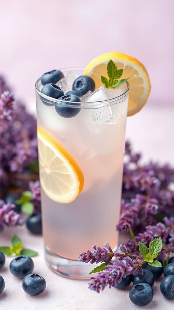 A refreshing blueberry lavender lemonade served with ice and garnished with lemon slices and mint leaves.