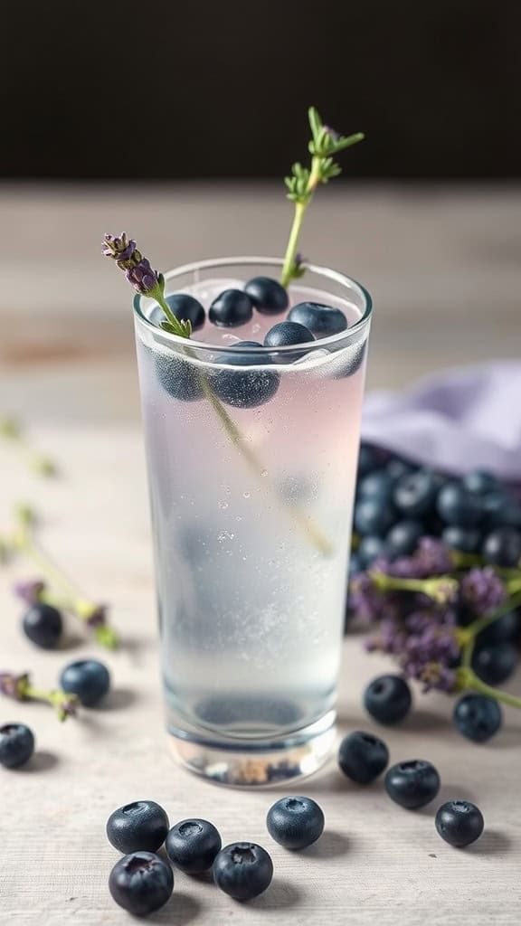 A glass of blueberry lavender spritzer with blueberries and lavender sprigs.