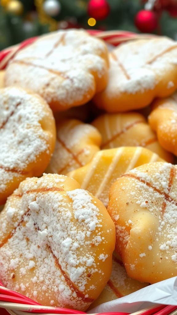 A close-up of buñuelos, golden pastries dusted with powdered sugar, arranged in a basket.