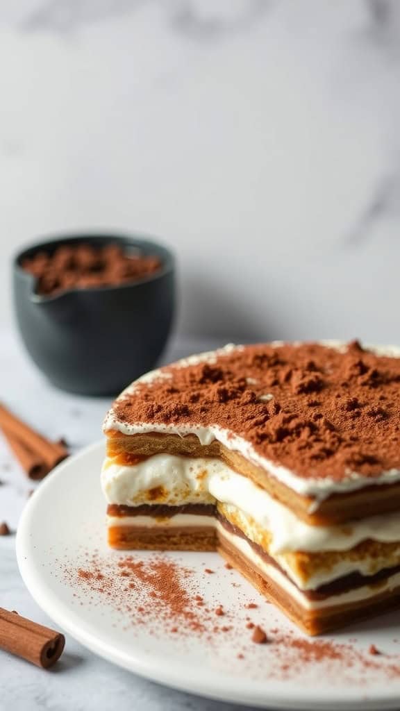 A slice of Café De Olla Tiramisu on a plate, topped with cocoa powder, with a side bowl of chocolate sprinkles and cinnamon sticks.