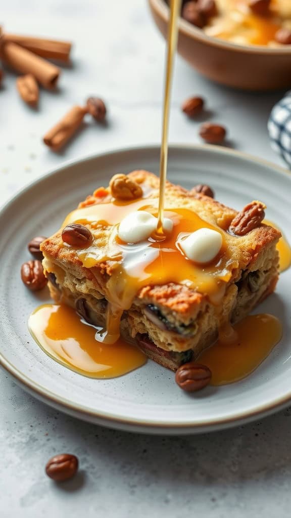 A delicious serving of capirotada topped with syrup and nuts on a plate.