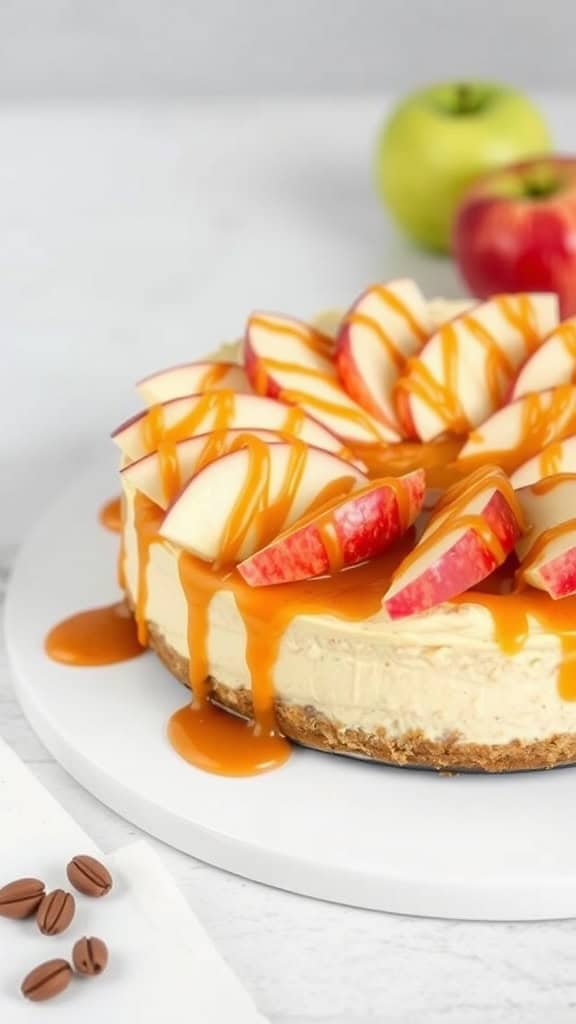 A slice of caramel apple no bake cheesecake topped with apple slices and caramel drizzle.