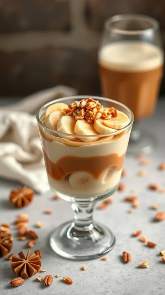 A delicious Caramelized Banana and Irish Cream Parfait with layers of whipped cream and bananas.