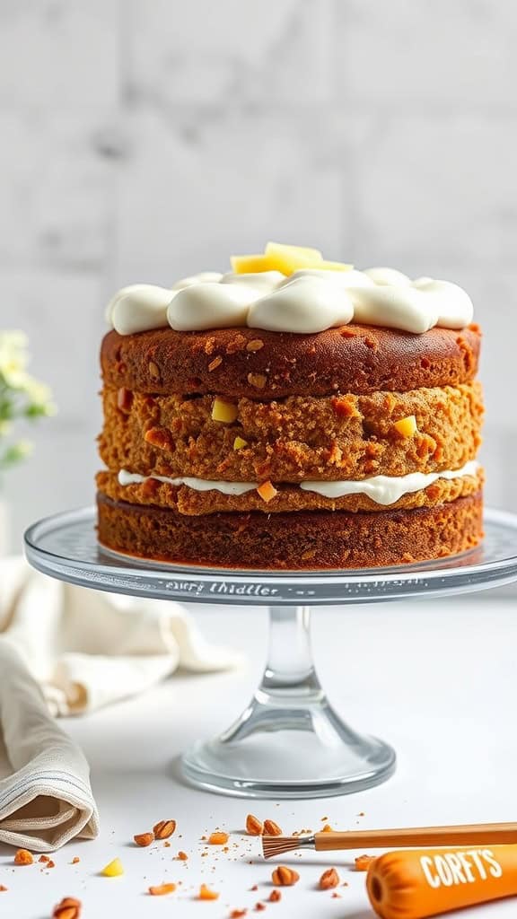 A layered carrot and pineapple cake topped with cream cheese frosting and garnished with small pieces of pineapple.