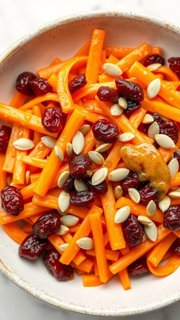 A colorful bowl of carrot and raisin salad with honey dressing, sprinkled with sunflower seeds.
