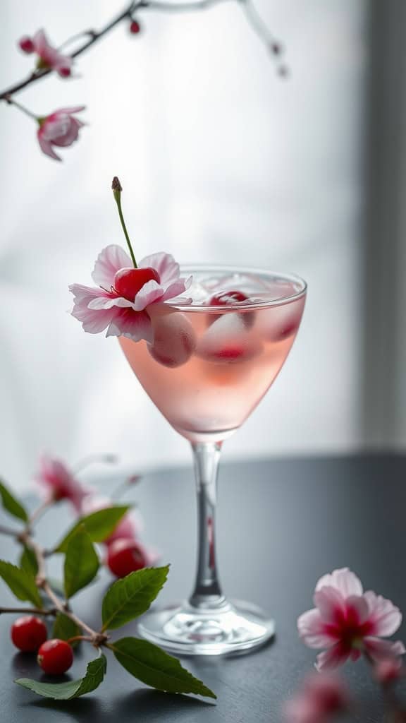 A refreshing Cherry Blossom Mocktail garnished with cherries and flowers.