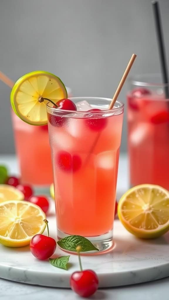 A refreshing glass of Cherry Limeade with cherries and lemon slices on a marble surface.