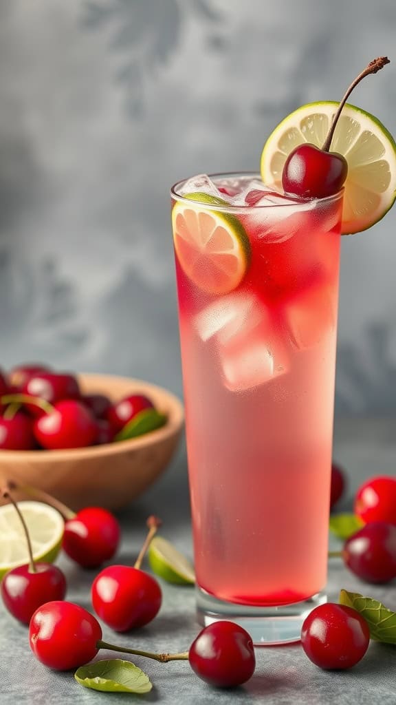 A refreshing glass of cherry limeade with garnishes