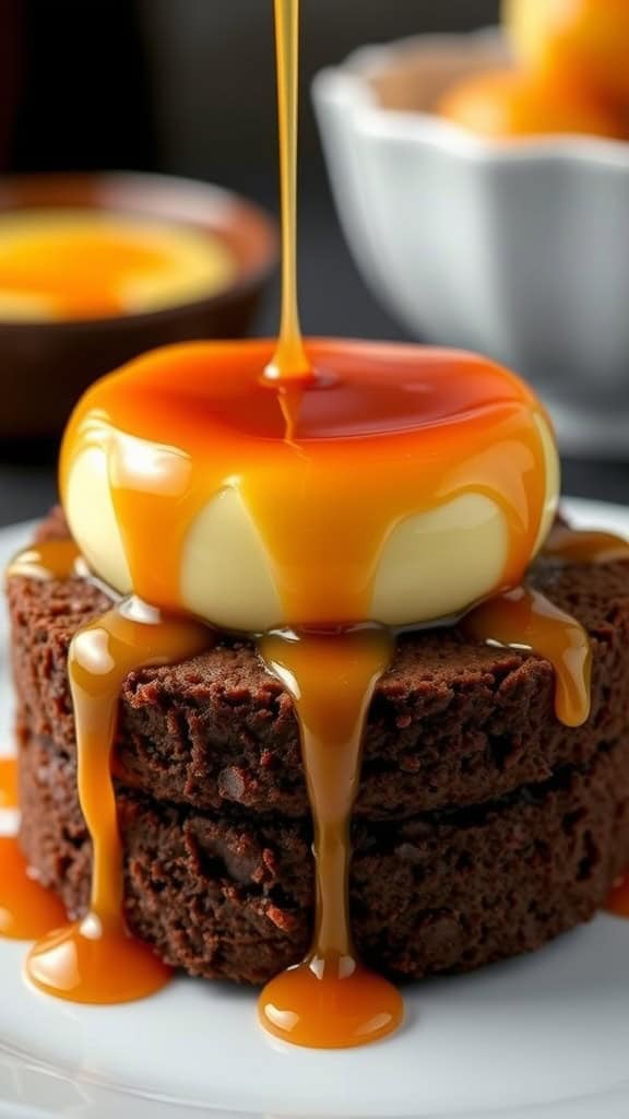 A layered dessert featuring chocolate cake and flan topped with caramel sauce.