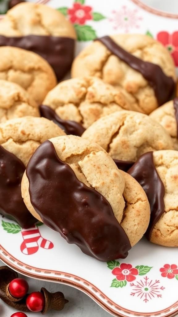 Plate of chocolate-dipped cinnamon sugar cookies with a festive design