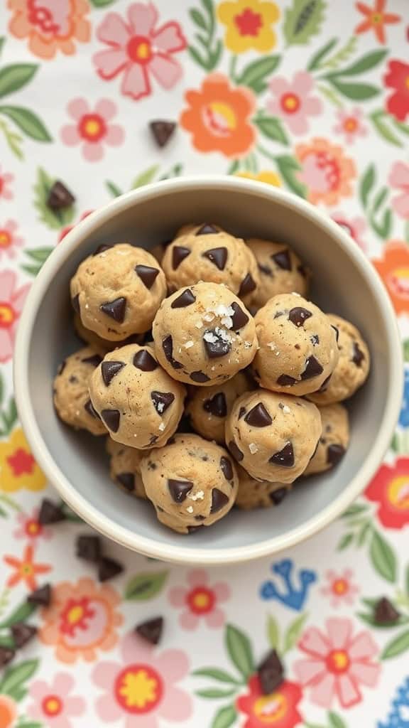 A bowl of chocolate chip cookie dough bites