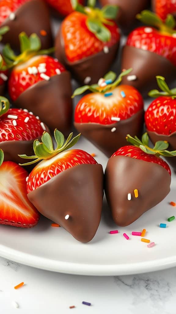 Delicious chocolate covered strawberries topped with colorful sprinkles on a plate.
