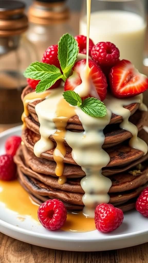 Chocolate Irish Cream Pancakes topped with syrup and fresh berries