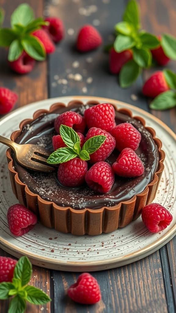 A delicious Chocolate Raspberry Tart topped with fresh raspberries and mint leaves.