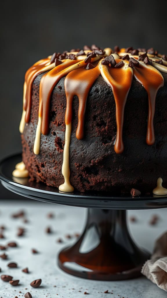 A beautifully presented chocolate stout cake topped with cream cheese frosting and chocolate drizzle.