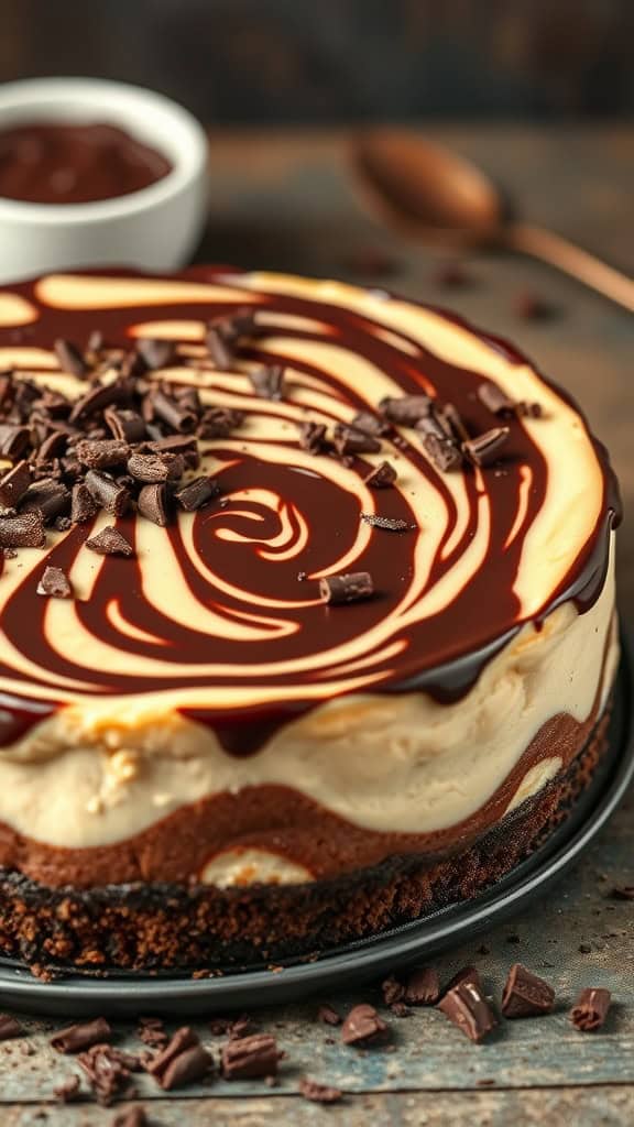 A chocolate swirl no bake cheesecake topped with chocolate syrup and chocolate chunks.