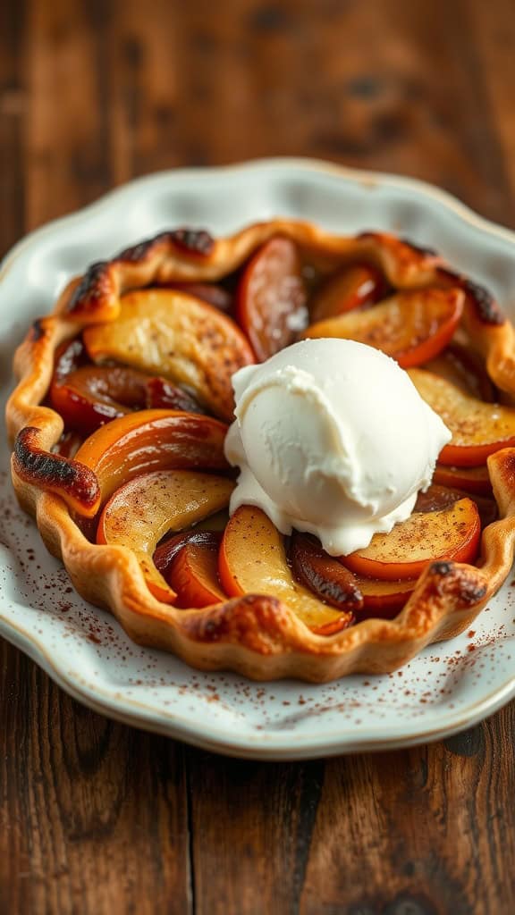 A delicious cinnamon-spiced apple tart topped with a scoop of vanilla ice cream.