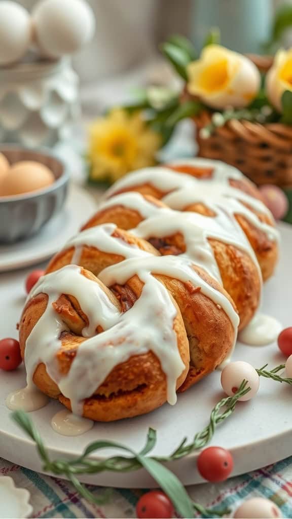 A beautifully glazed cinnamon roll easter bread topped with white icing, surrounded by festive decorations.