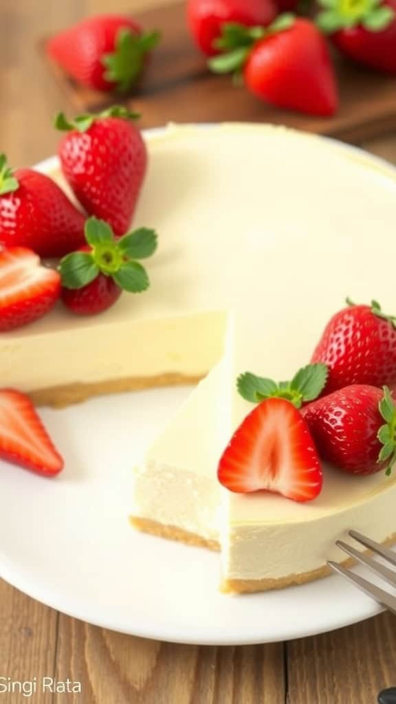 A slice of creamy no bake cheesecake topped with fresh strawberries