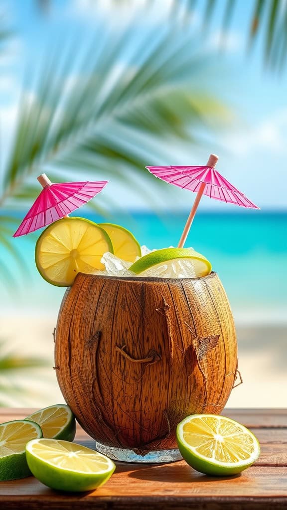 A refreshing coconut lime lemonade served in a coconut shell with lime slices