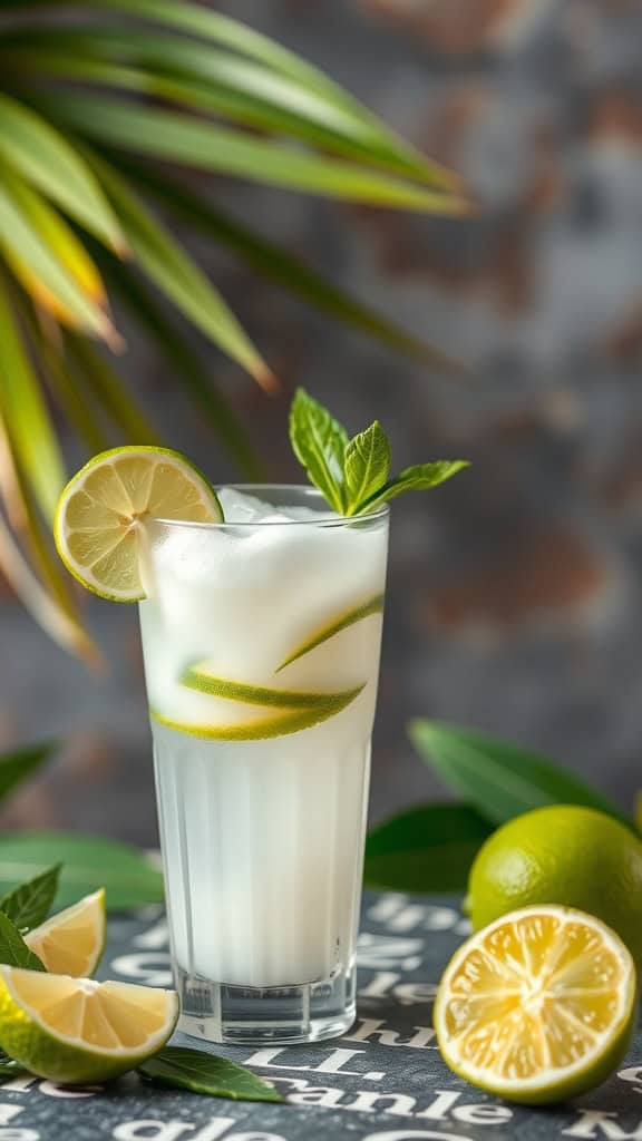 A refreshing Coconut Lime Refresher mocktail in a tall glass garnished with lime slices and mint leaves.
