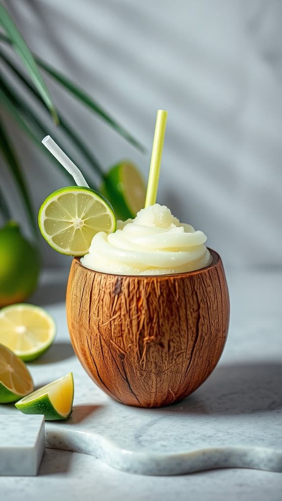 A refreshing coconut lime slush in a coconut-shaped cup, garnished with a lime slice and two straws.