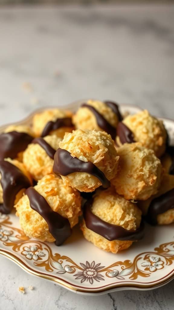 A plate of coconut macaroons dipped in chocolate.