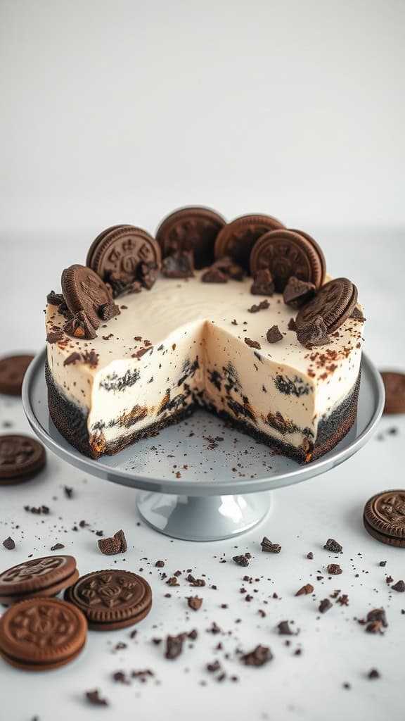 A slice of Cookies and Cream No Bake Cheesecake with Oreo crust and toppings.