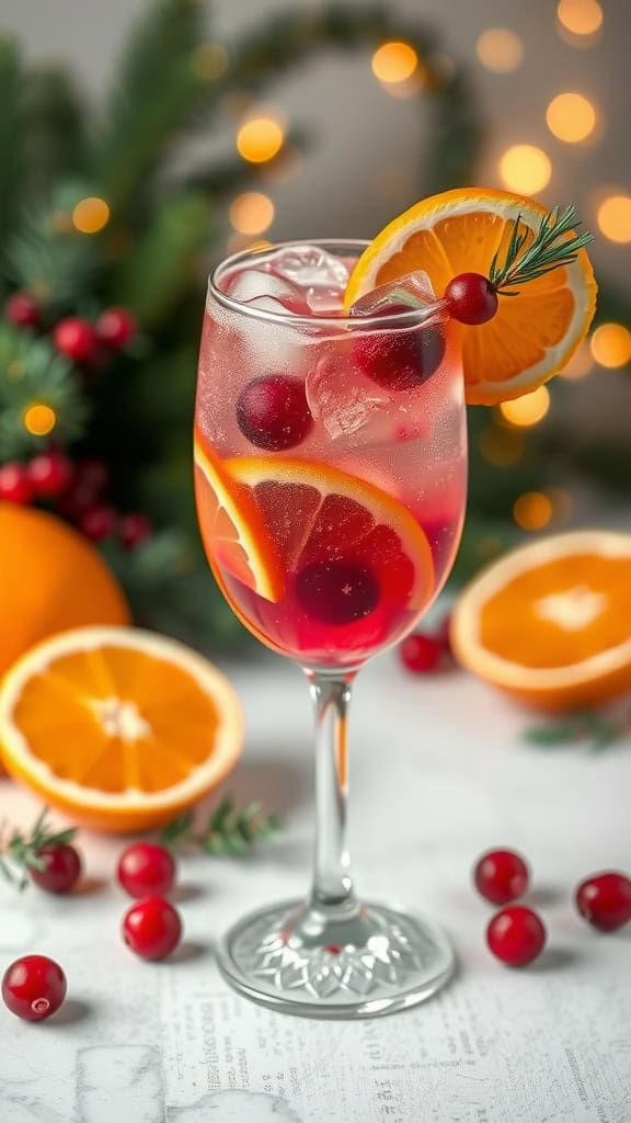 A refreshing cranberry orange mocktail served in a glass, garnished with orange slices and cranberries.