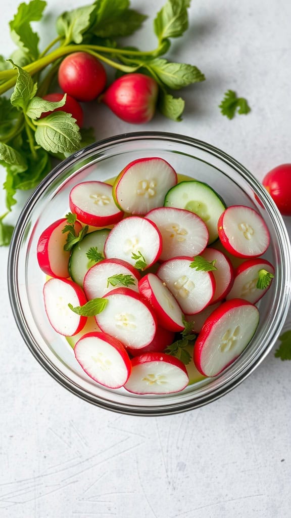 Cucumber and radish salad in a bowl garnished with fresh herbs