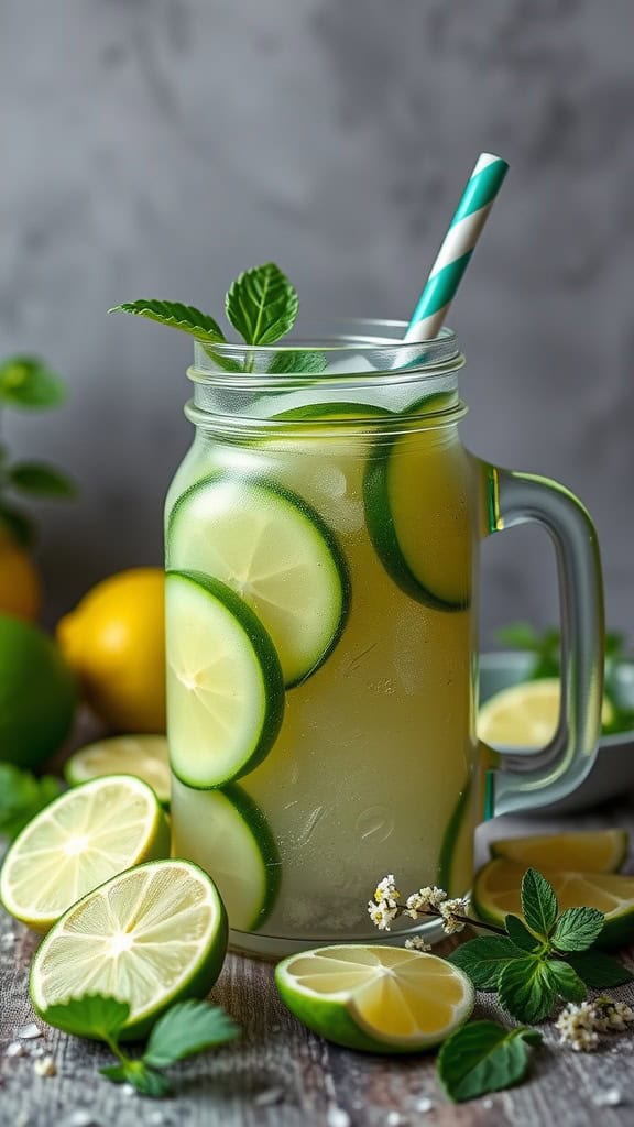 A refreshing cucumber lime drink in a jar with mint and lime slices