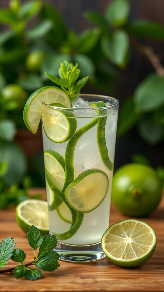 A refreshing cucumber lime drink with slices of cucumber and lime garnished with mint leaves.