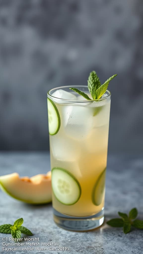 A refreshing cucumber melon mocktail with mint garnish.