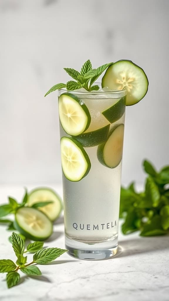 A refreshing Cucumber Mint Cooler mocktail garnished with cucumber slices and mint leaves.