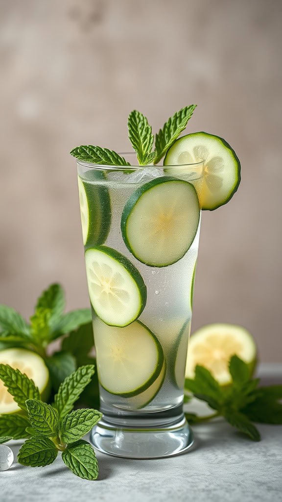 A refreshing cucumber mint mocktail with slices of cucumber and mint leaves, served in a tall glass.