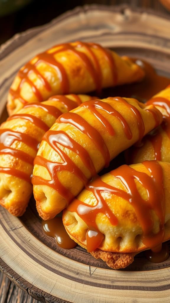 Delicious dulce de leche banana empanadas drizzled with caramel sauce on a wooden plate.