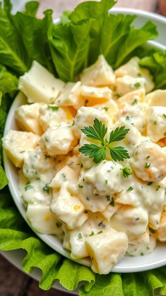 A bowl of egg salad with herbs on a bed of lettuce.