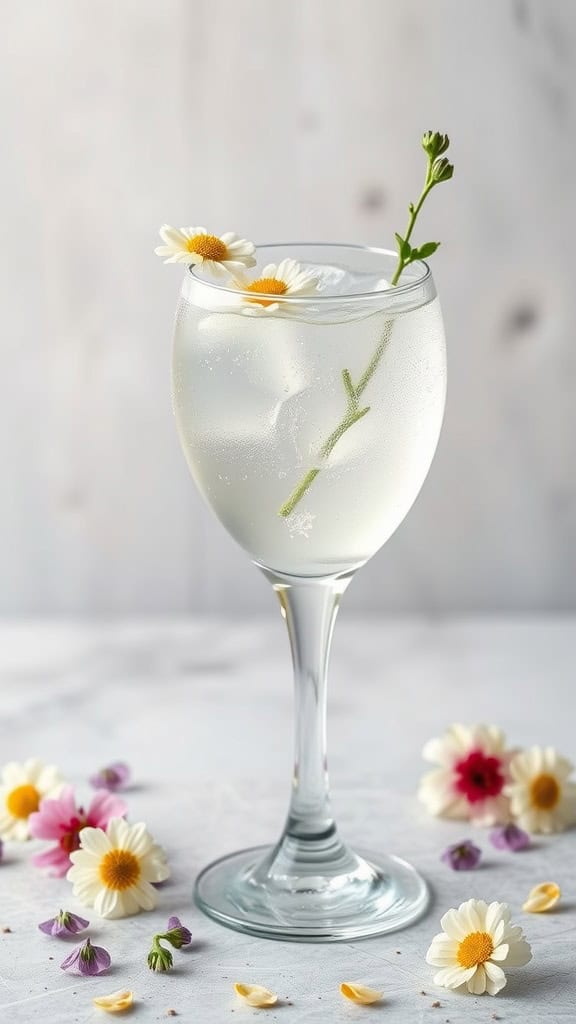 A refreshing Elderflower Tonic Twist mocktail garnished with mint and edible flowers.