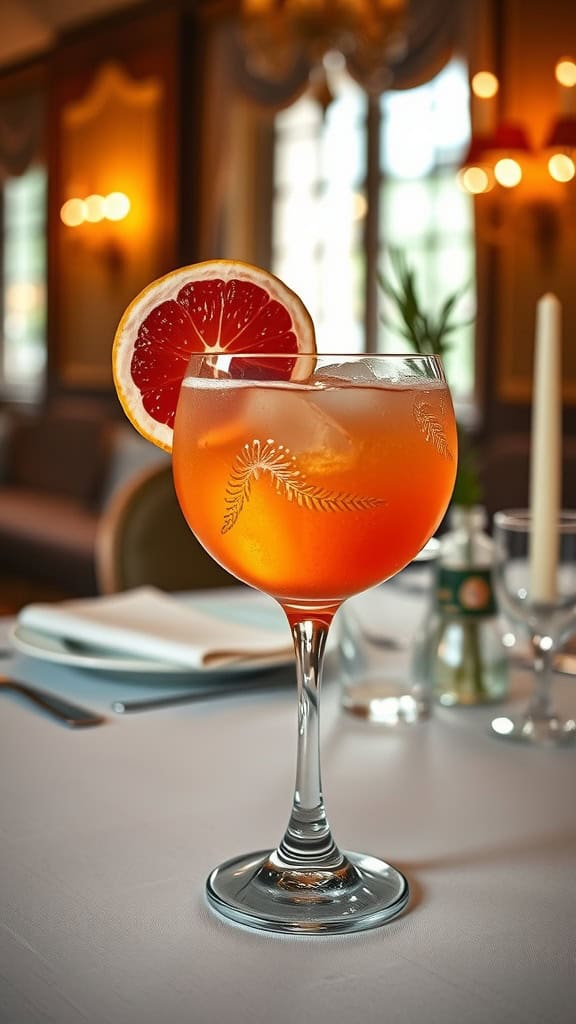 A refreshing grapefruit spritzer drink in an elegant glass, garnished with a grapefruit slice.