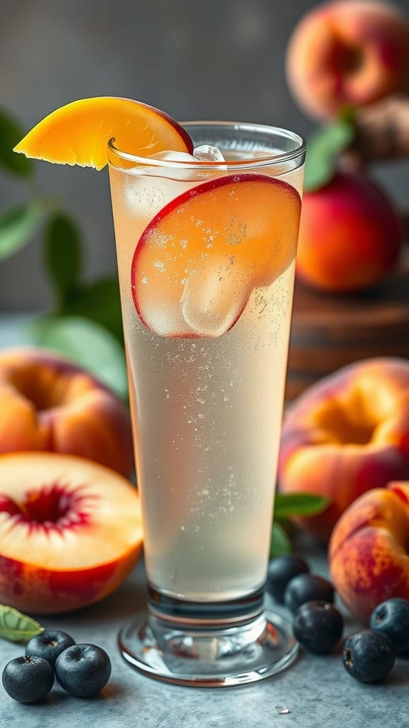 A refreshing ginger peach fizz mocktail garnished with peach slices and surrounded by fresh peaches and blueberries.