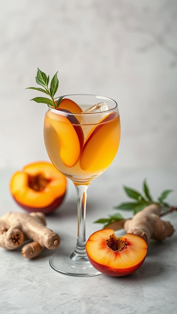A refreshing Ginger Peach Mocktail with peach slices and ginger root.