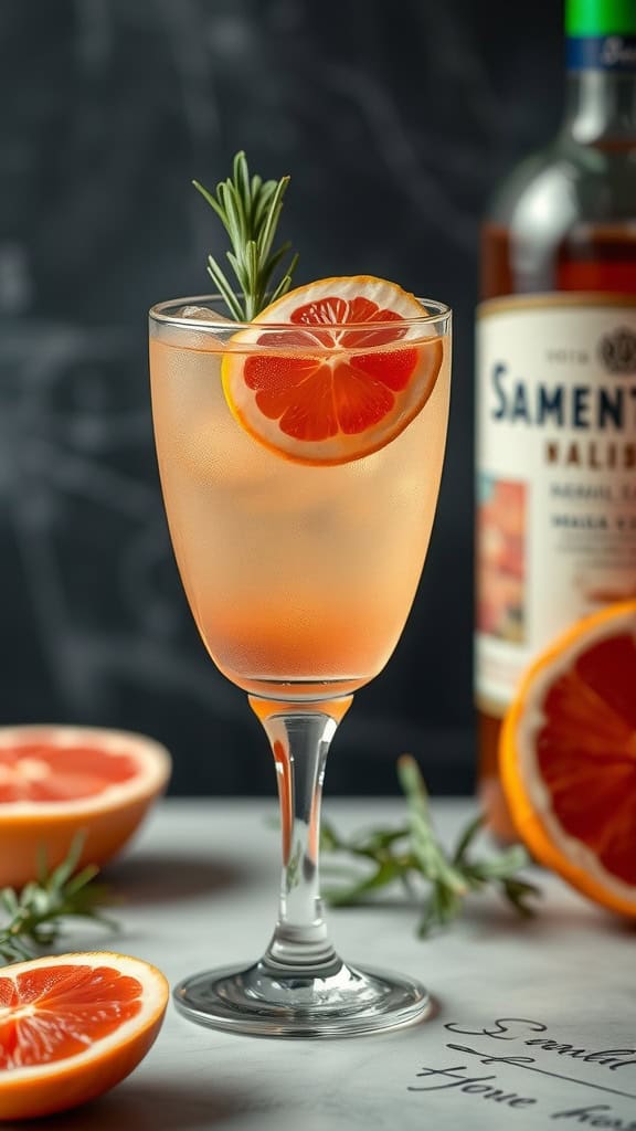 A refreshing grapefruit and rosemary mocktail in a glass garnished with a grapefruit slice and rosemary sprig.