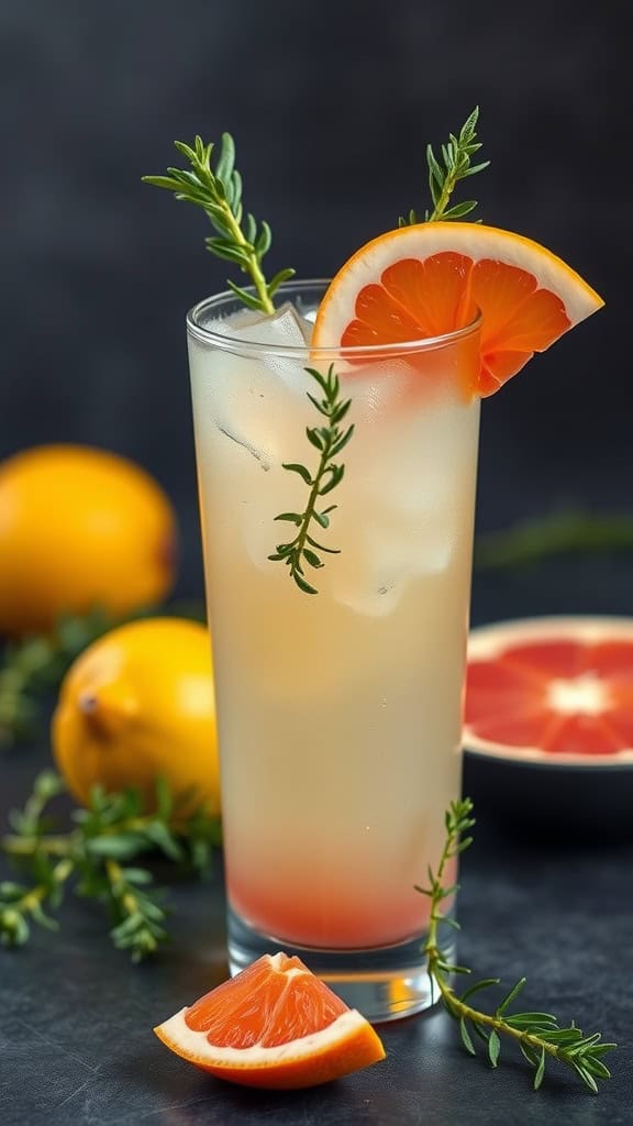 A refreshing drink made with grapefruit and thyme, garnished elegantly.