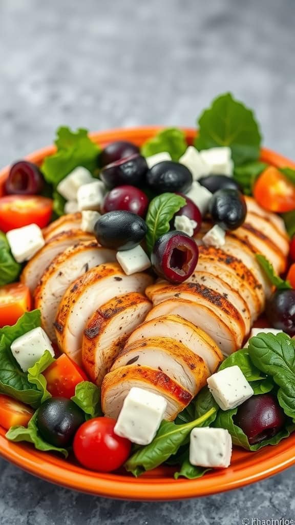 A vibrant Greek salad with grilled chicken, mixed greens, cherry tomatoes, olives, and feta cheese.