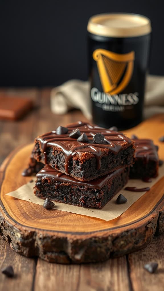 Deliciously rich Guinness brownies topped with chocolate drizzle on a wooden board.